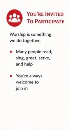 You’re Invited to Participate  🙌 Worship is something we do together  Members read, sing, greet, and serve You’re always welcome to join in  ❓ Need help? Ask an usher—or someone nearby—we’re glad to assist!