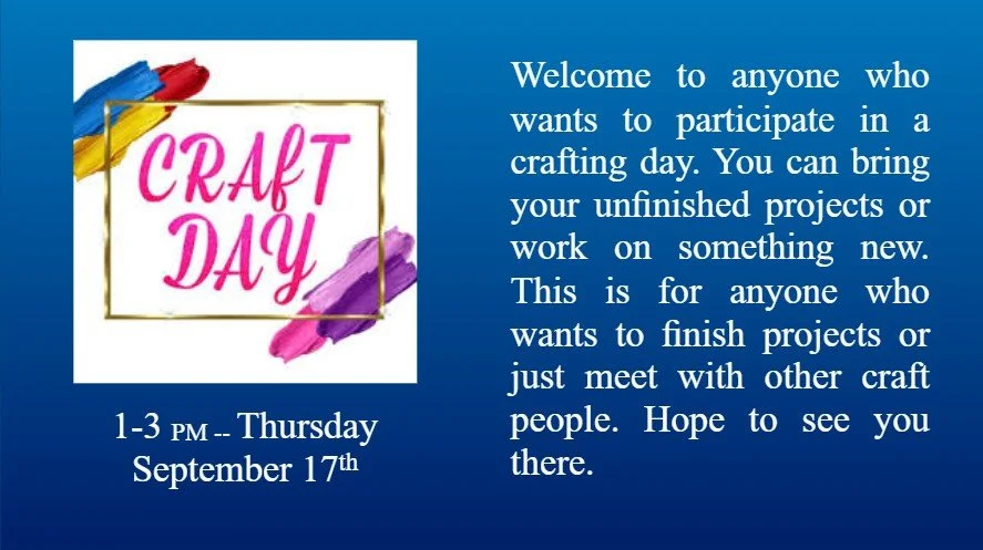 Invitation for Craft Day event on September 17th, from 1 to 3 PM, welcoming people to participate in crafting, finish projects, or meet other craft enthusiasts. The invitation has a blue background with colorful brushstrokes and the words 'Craft Day'