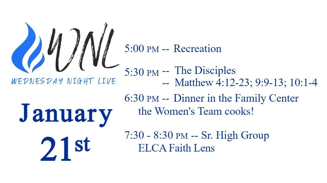 A weekly schedule for Wednesday night activities at WNIL on January 21st. The schedule includes Recreation at 5:00 PM, The Disciples at 5:30 PM with biblical references, Dinner at 6:30 PM cooked by the Women's Team, and Sr. High Group at 7:30 PM at E