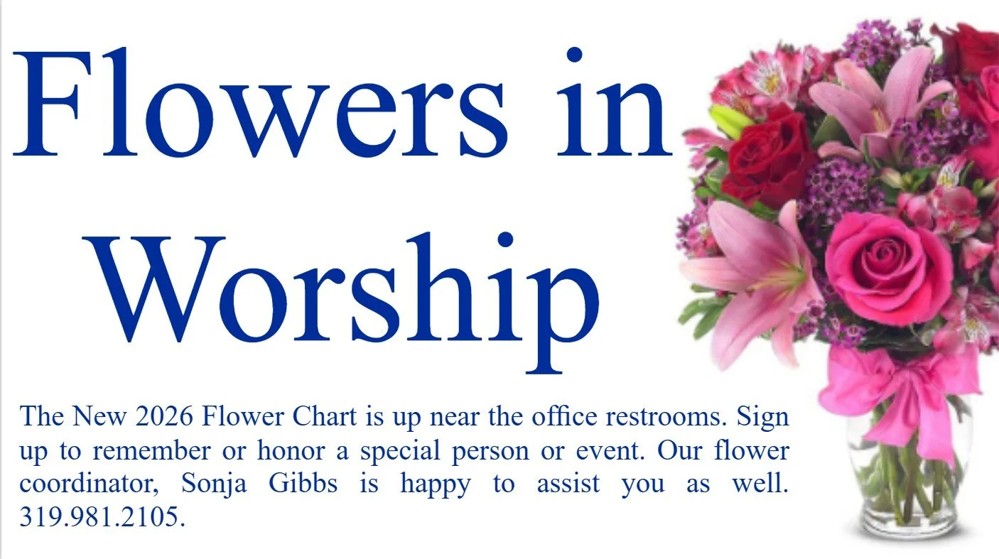 A flyer with a large bouquet of pink, red, and purple flowers in a glass vase on the right side. Blue text on the left side reads "Flowers in Worship". Smaller blue text at the bottom provides details about a 2026 flower chart for office restrooms, m
