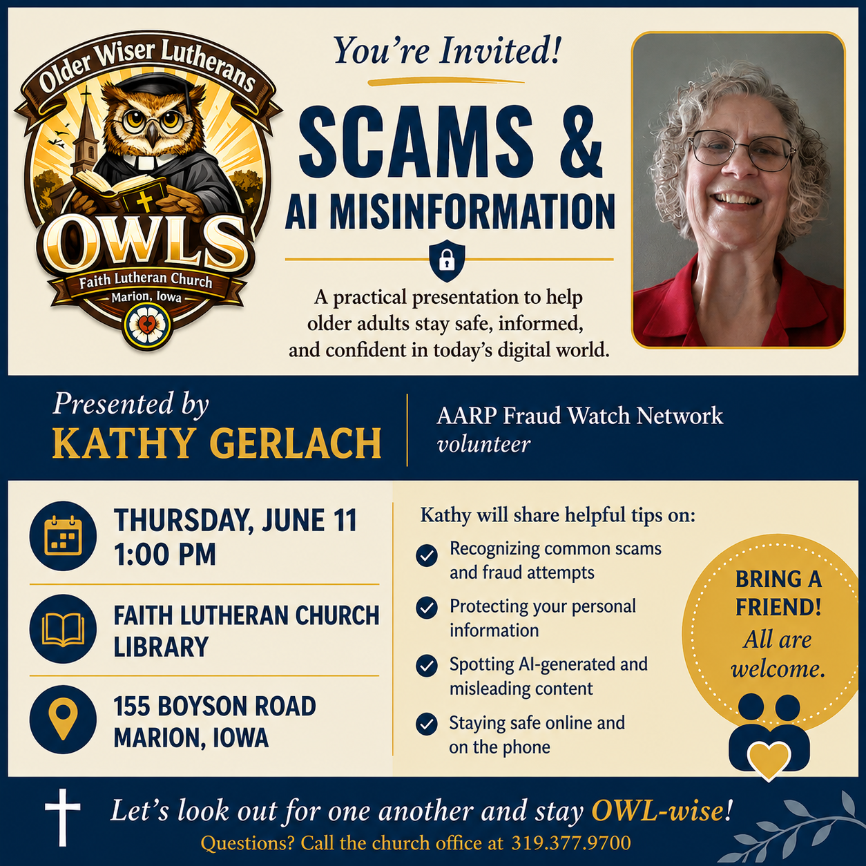 Invitation poster for a seminar titled "Scams & AI Misinformation" by faith Lutheran Church, Marion, Iowa, presented by Kathy Gerlach of AARP Fraud Watch Network. It features a cartoon owl wearing a graduation cap and gown, an image of Kathy Gerlach,