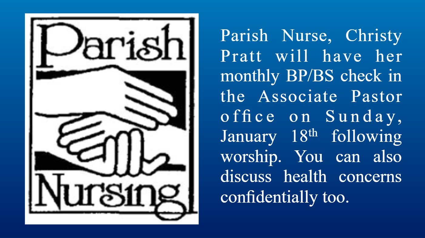 Announcement about Parish Nurse Christy Pratt having her monthly BP/BS check in the associate pastor's office on Sunday, January 18th, following worship, with an image of two hands clasped in a handshake.