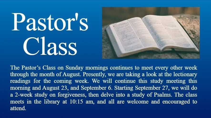 Informational flyer for Pastor's Class with an image of an open Bible on a table.