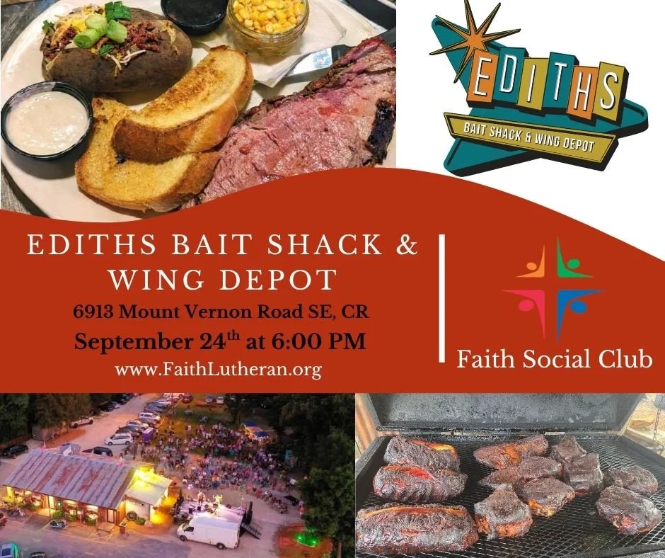 Flyer for Ediths Bait Shack & Wing Depot event with food images, including baked potato, toast, grilled beef steaks, and a barbecue grill with cooked steaks, and a crowd gathering outside a building.