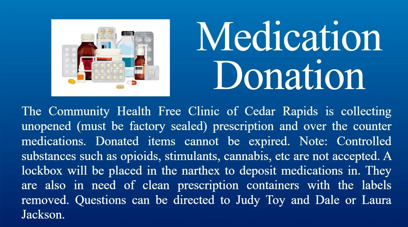 A flyer for a medication donation drive by the Community Health Free Clinic of Cedar Rapids, featuring images of various prescription medications and supplies, with instructions on drop-off procedures and restrictions.