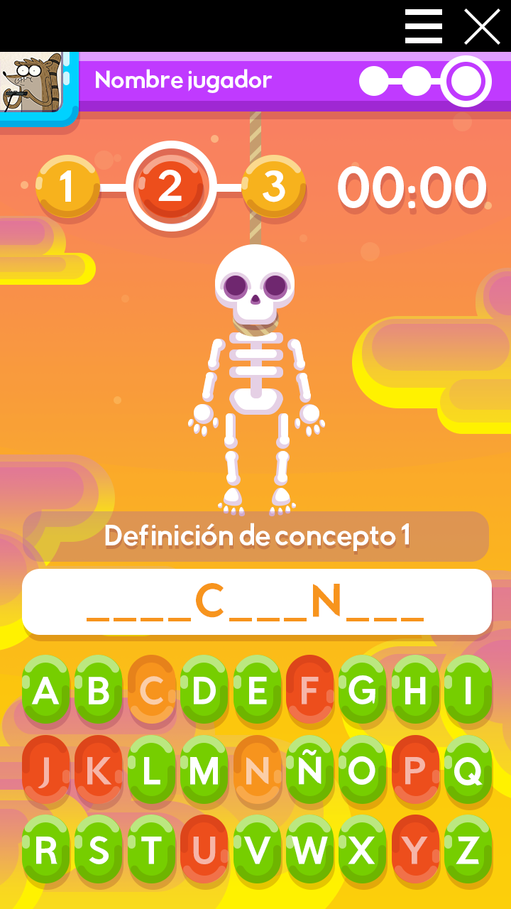 Pantalla de un juego con personajes de dibujos animados, incluyendo un payaso, un conejo, un dragón y una rana, con una puntuación de 1500, nivel 5, y 10 movimientos. La cuadrícula tiene varios personajes con algunos círculos de carga y el número 655 en el centro.