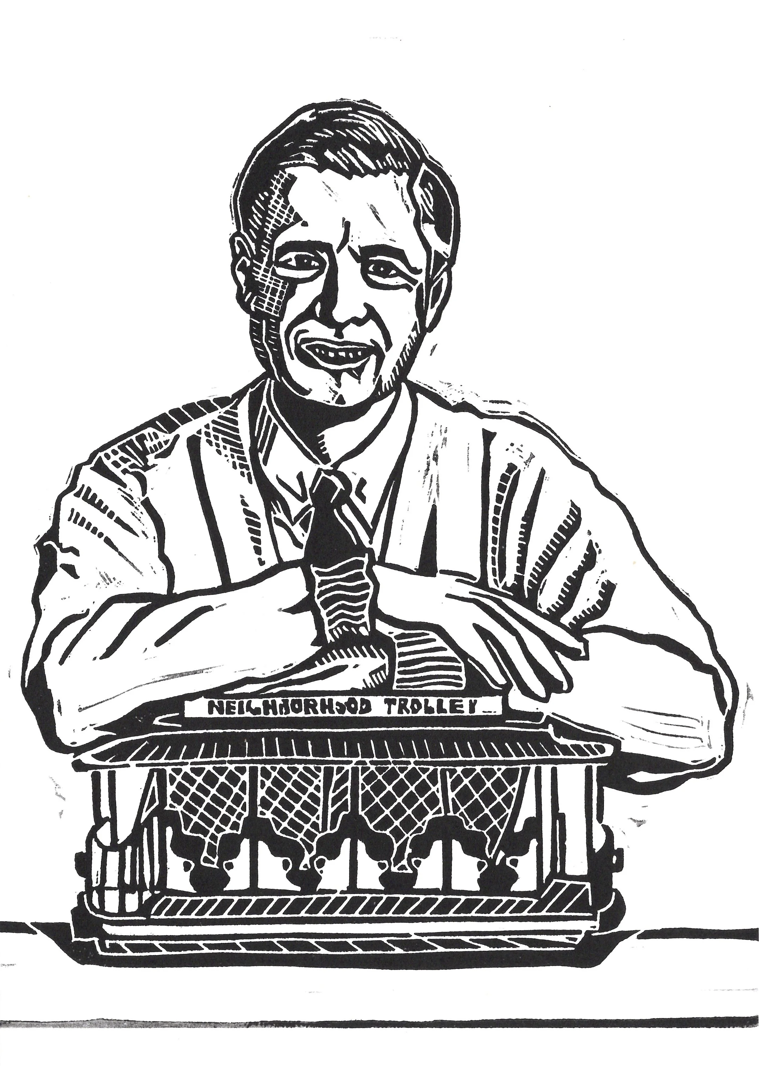Fred Rogers. Lino Print. 5x7. 2025.