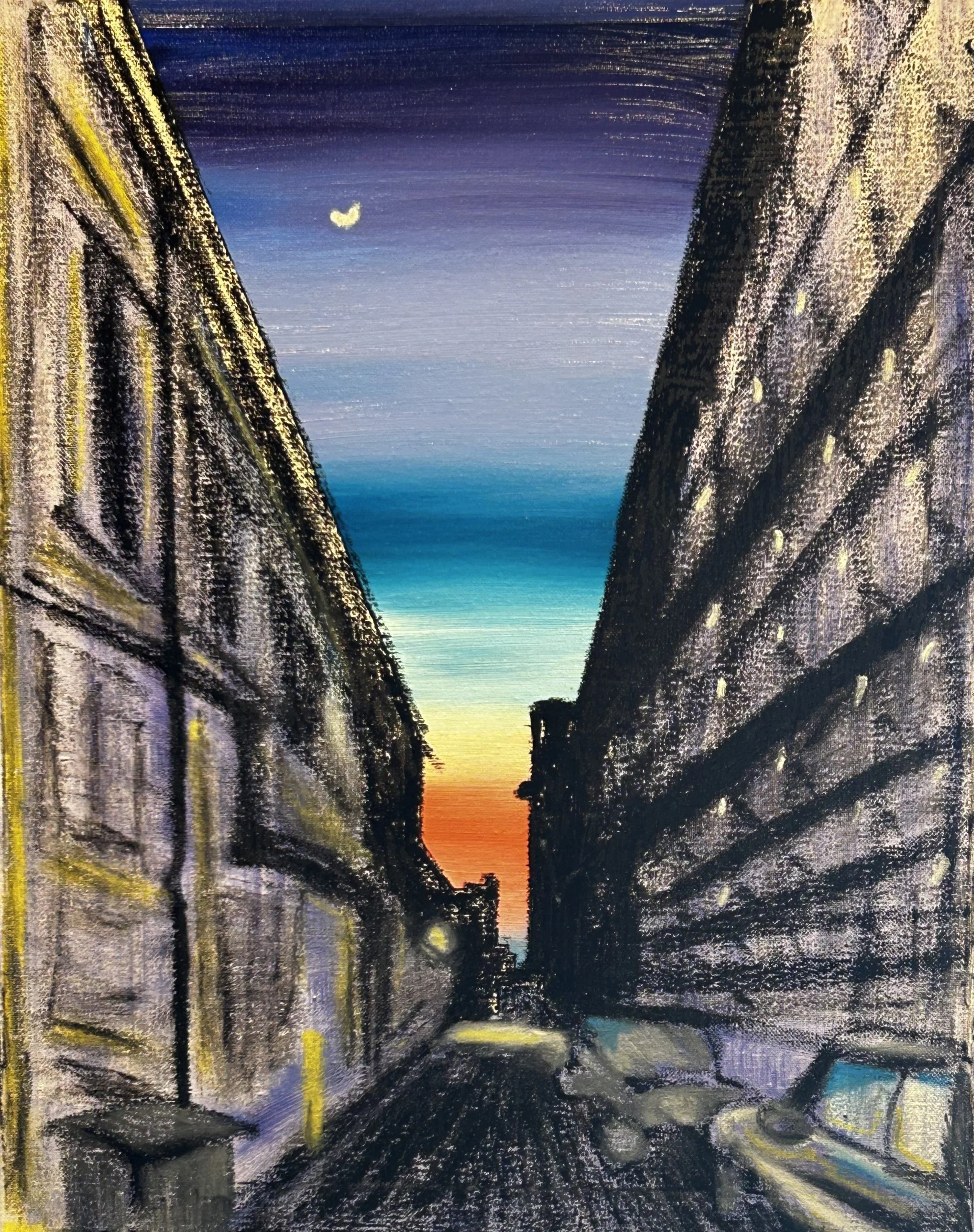 Behind O'Connell's. Oil, Oil Stick on Canvas. 18x24. 2024. (Private Collection of Lou & Beth Haley)