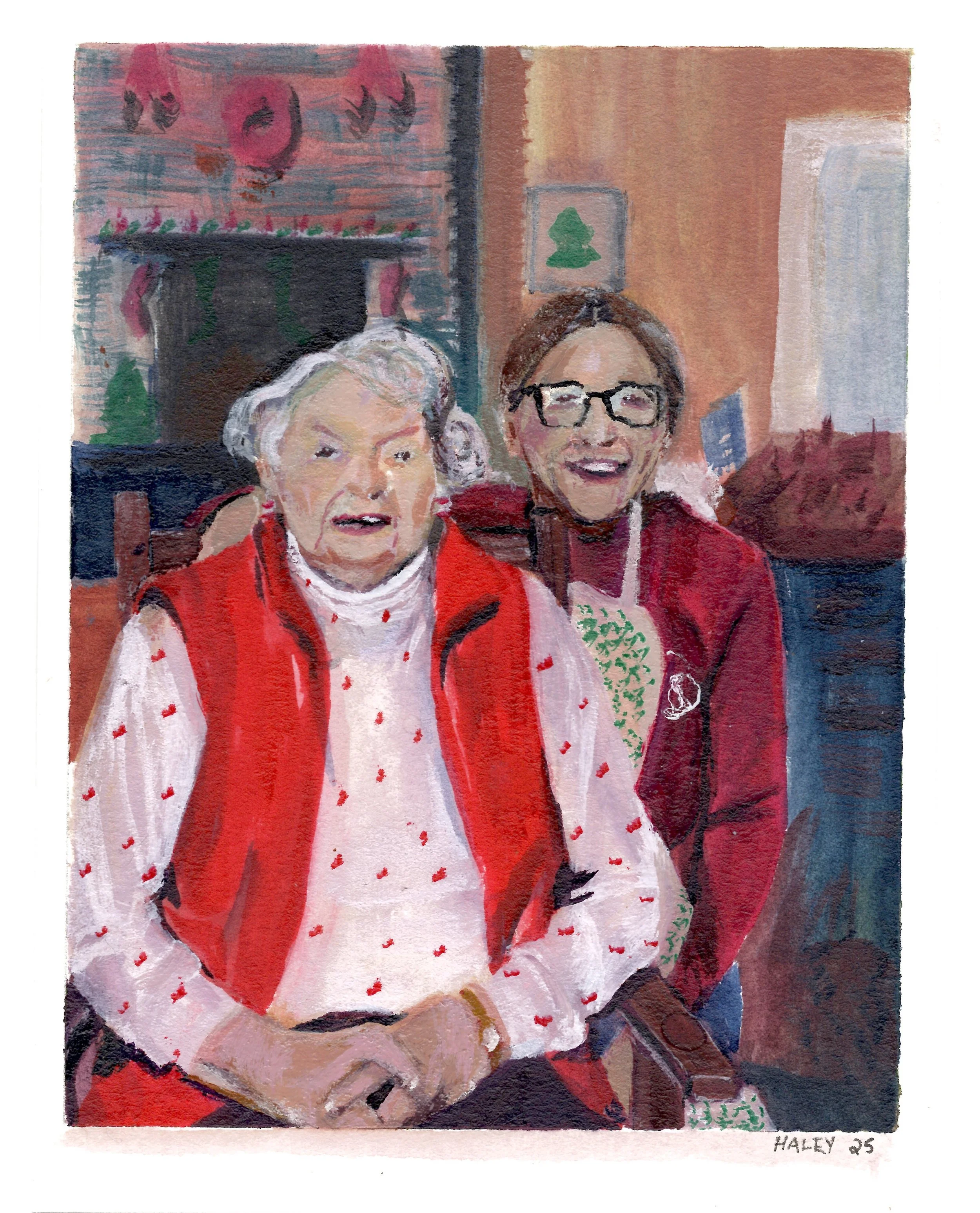 Liz and Priscilla. Watercolor on Paper. 5x7. 2025. (Private Collection of Liz Freeman)