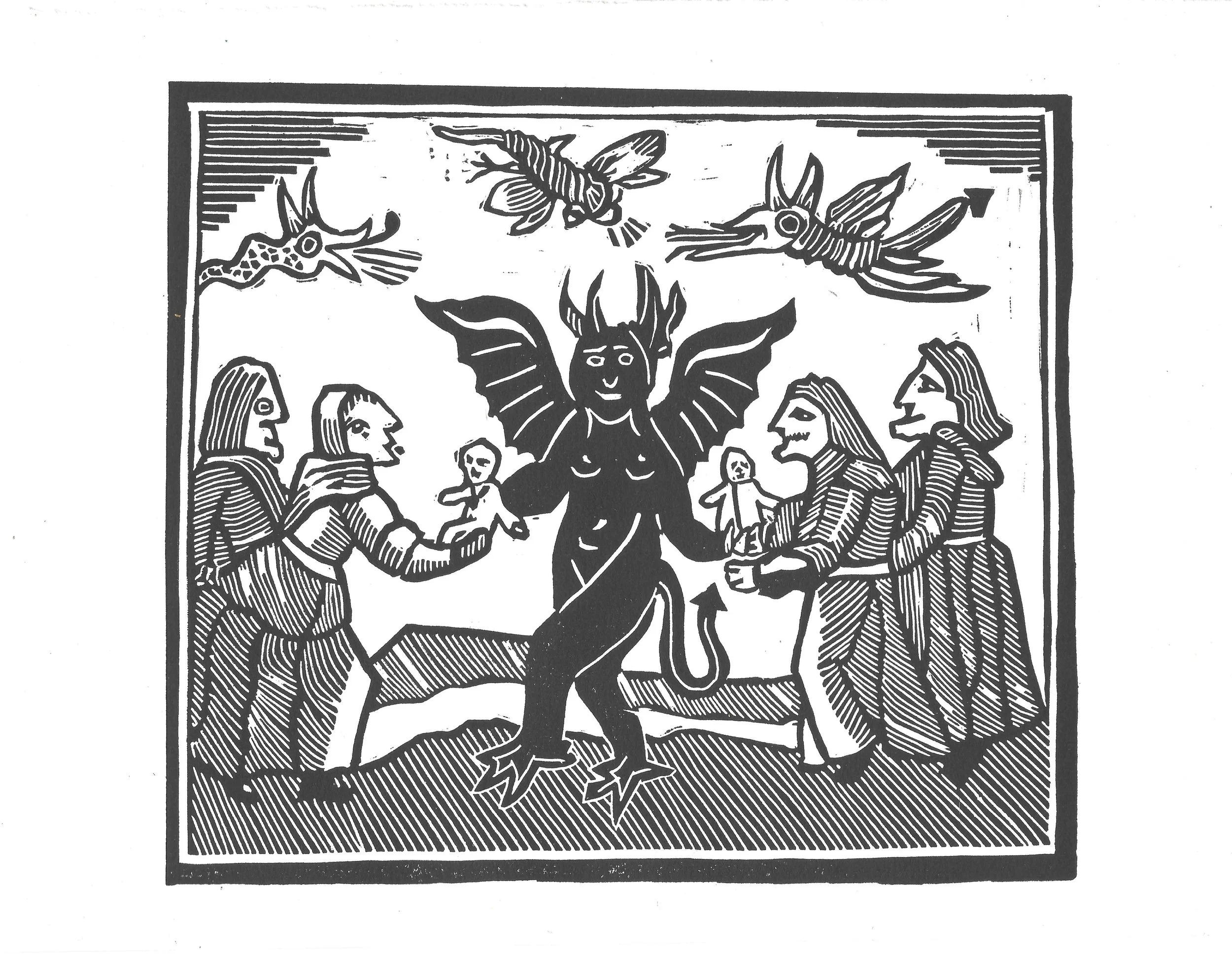 The Devil and His Witches. Lino Print. 8x8. 2025.