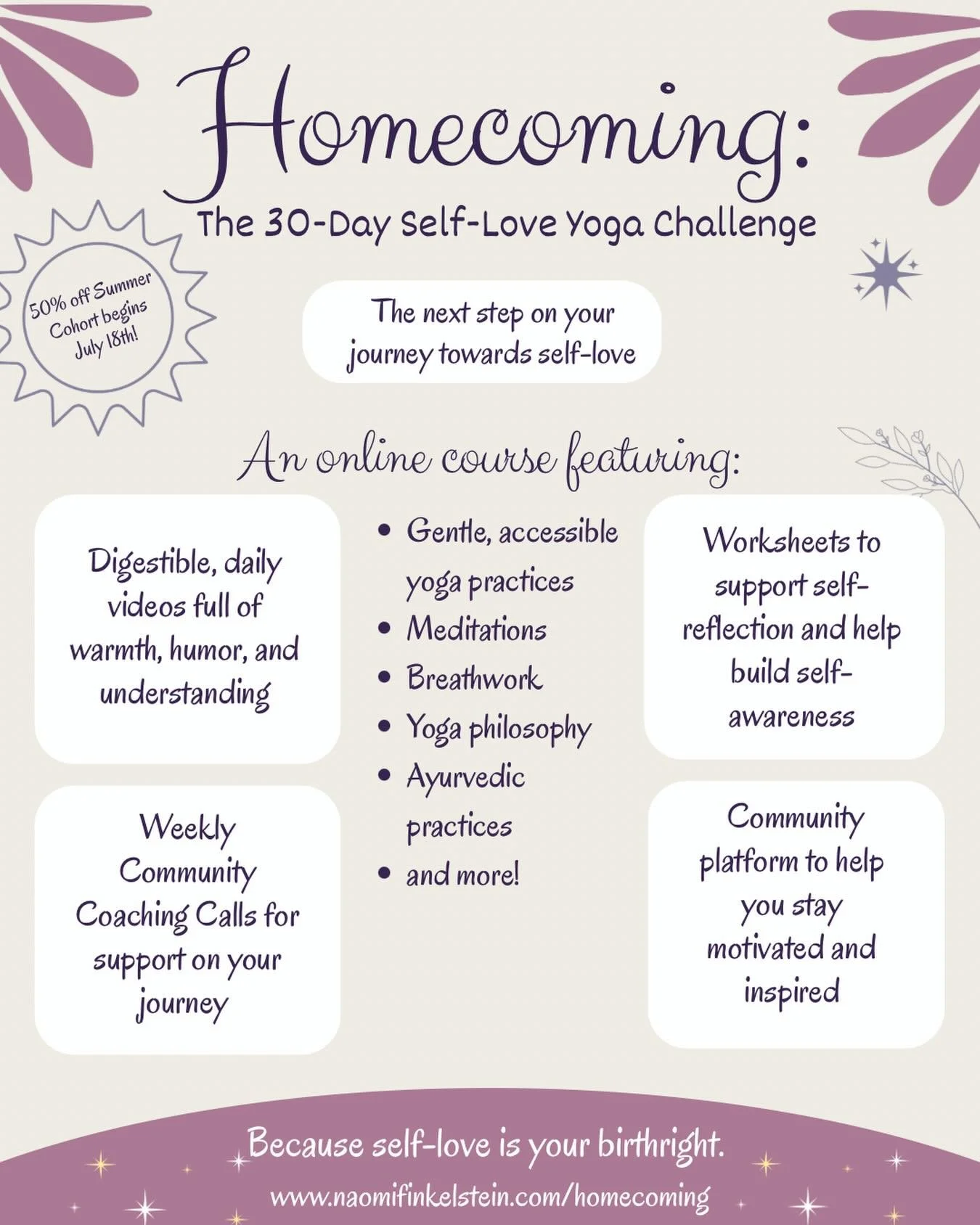 Beyond thrilled to announce that registration for  Homecoming: The 30-Day Self-Love Yoga Challenge is open! 
This self love business is not a quick fix, which is why the ancient tools of yoga and Ayurveda are such a perfect fit. This course is about 
