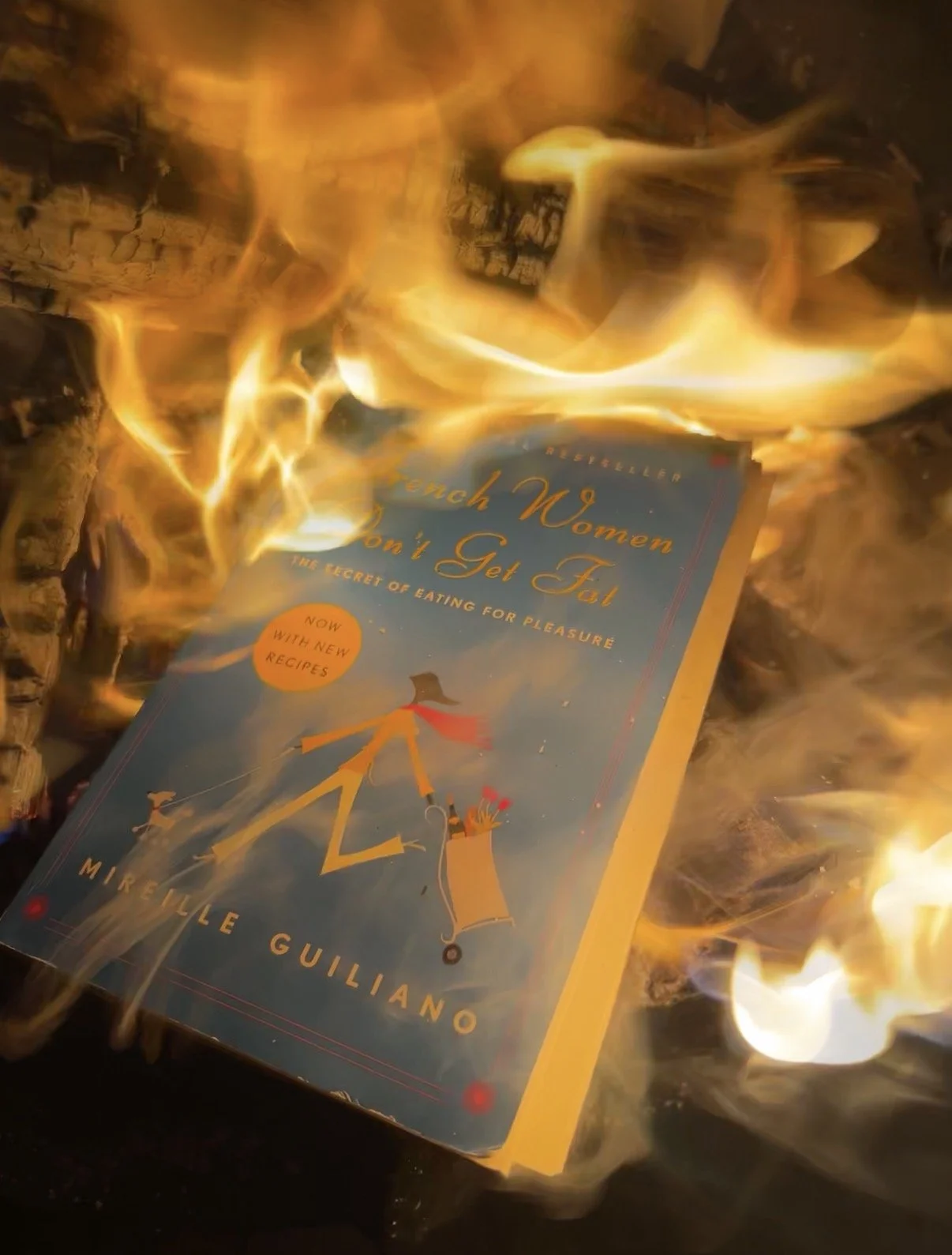 The book "French Women Don't Get Fat" is engulfed in flames