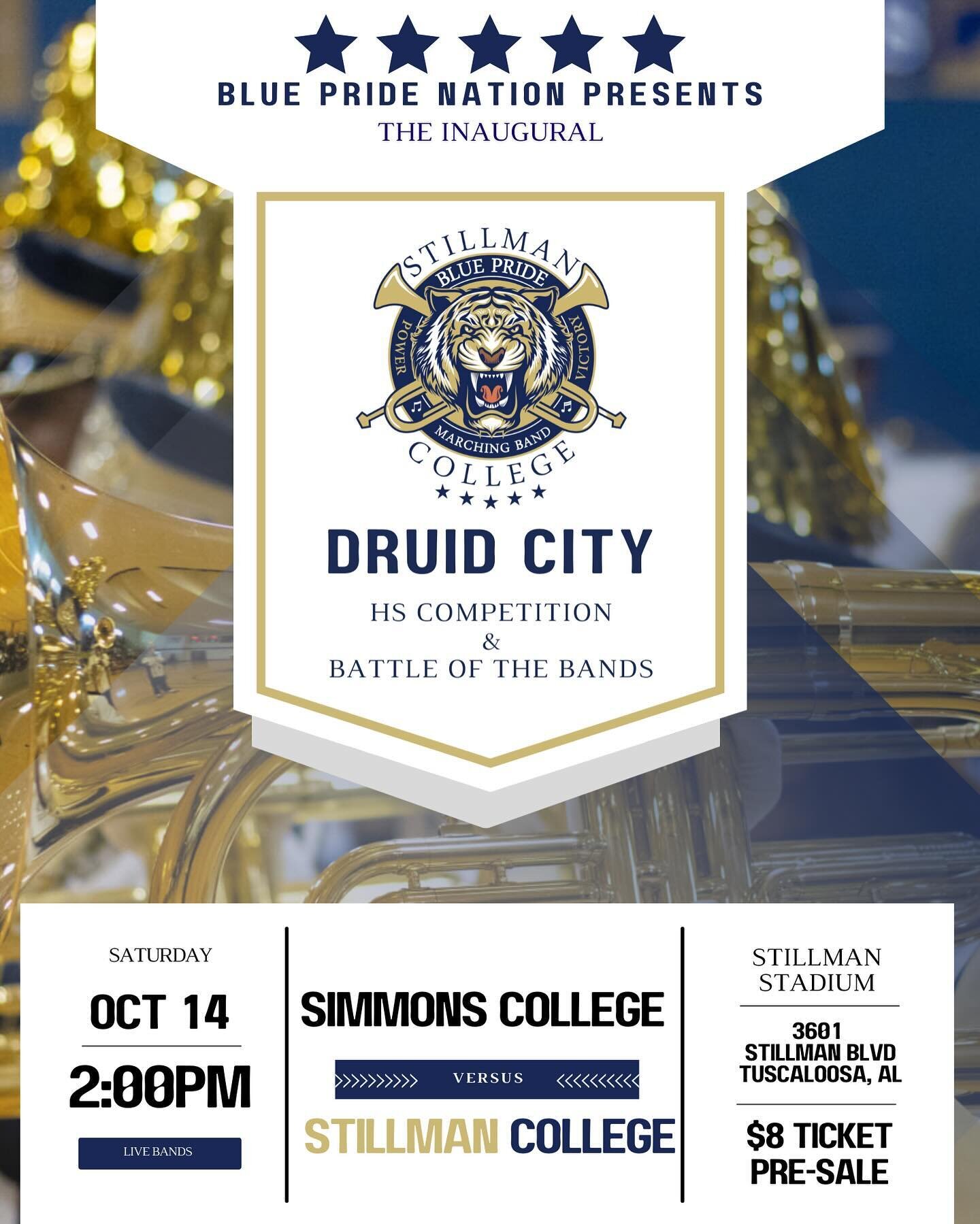 🗣️ Hello Blue Pride Nation! Major Announcement ‼️ The Blue Pride Marching Band will be putting on our Inaugural Druid City Battle Of The Bands &amp; HS Competition! There will be 5 participating high schools, with exhibitions and music from the Stil