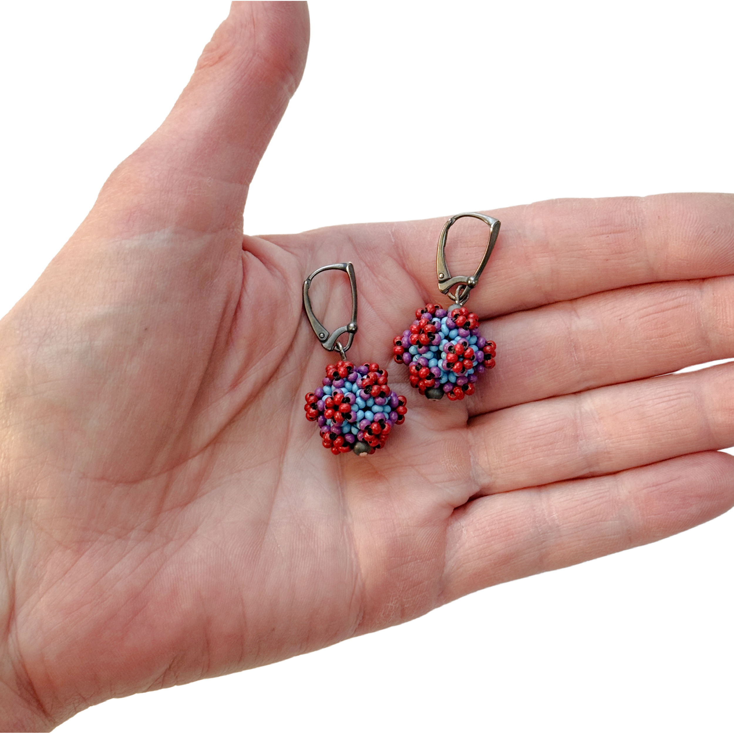 Flower Ball Earrings in Blue, Grape and Cherry Image 2.png