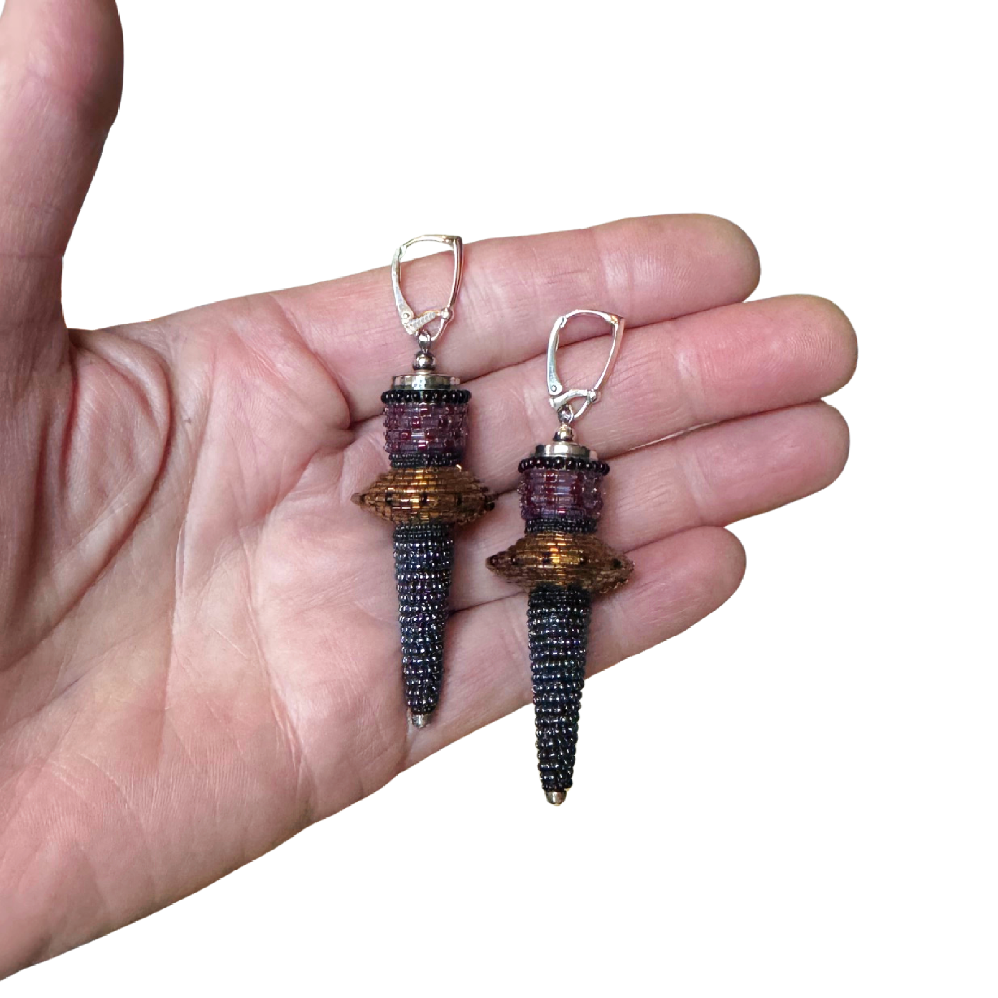 Vintage Long Cone Earrings in Hematite & Bronze Image 2.png