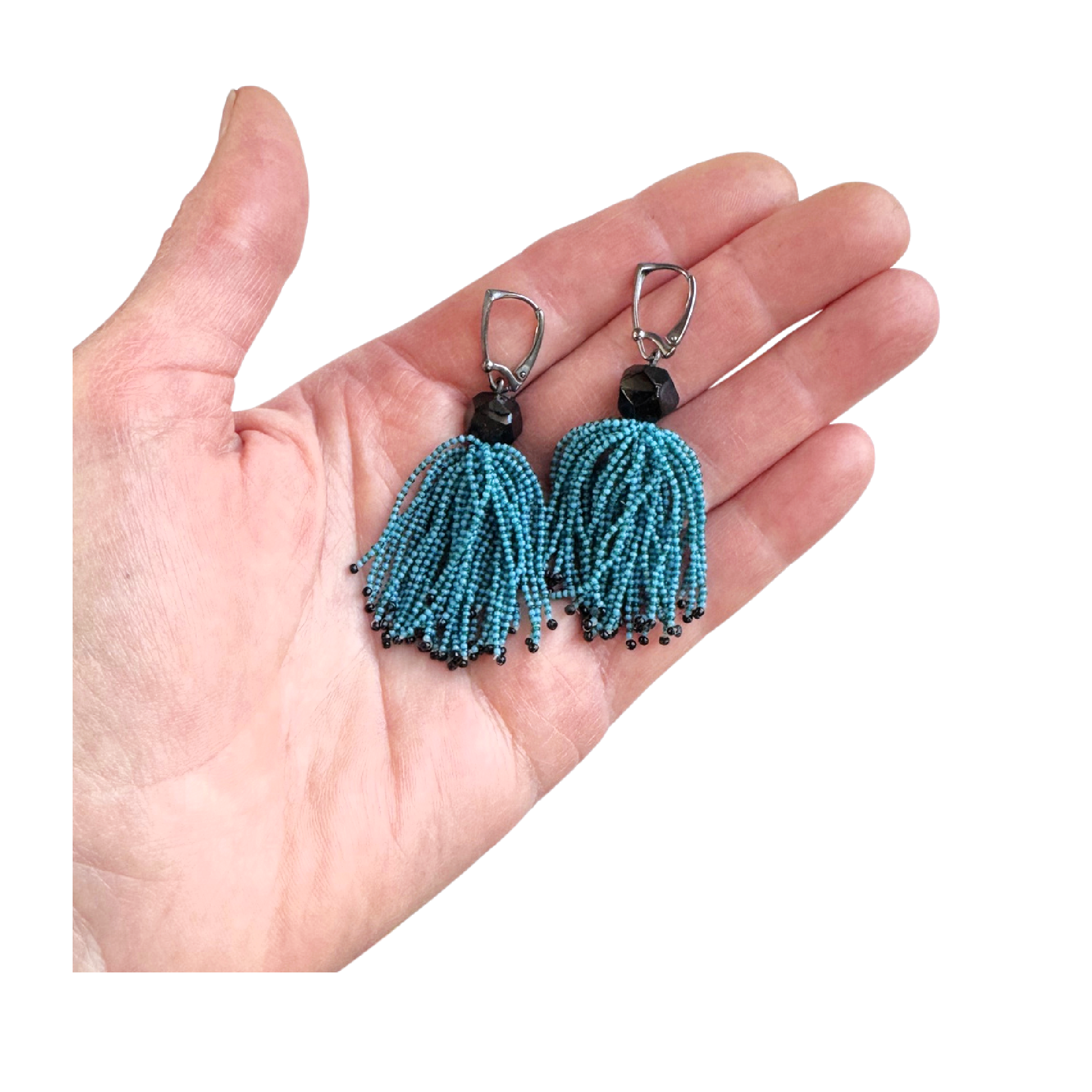 Turquoise & Teal Tassel Earrings Image 2.png