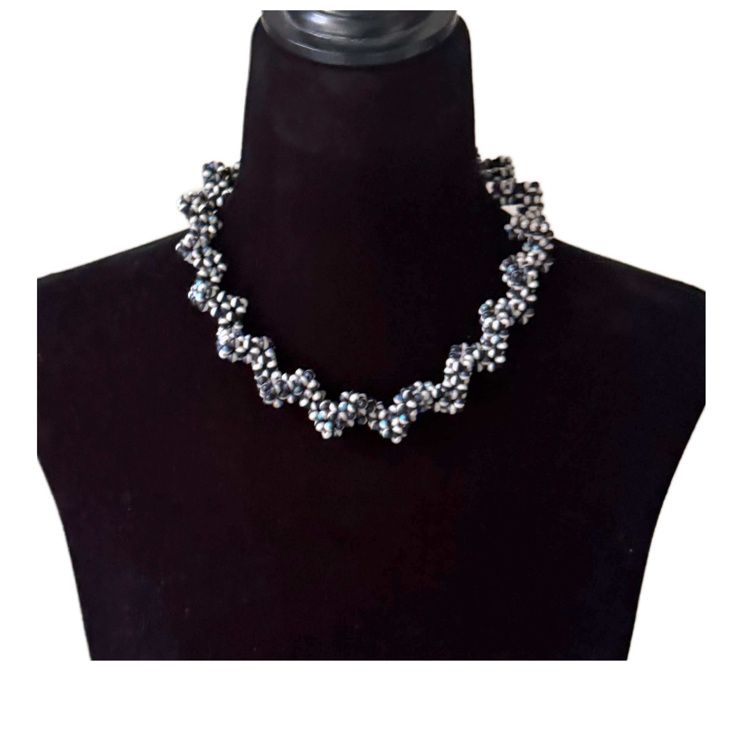 Opalescent Black & White Zig Zag Necklace on Model.png