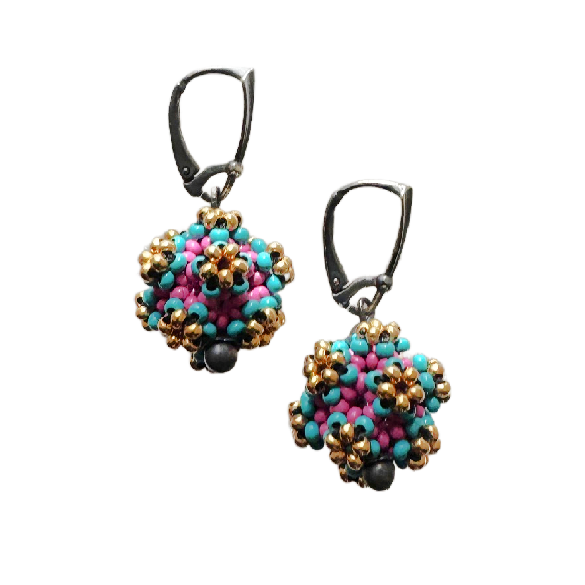Flower Ball Earrings in Turquoise, Pink & Gold.png