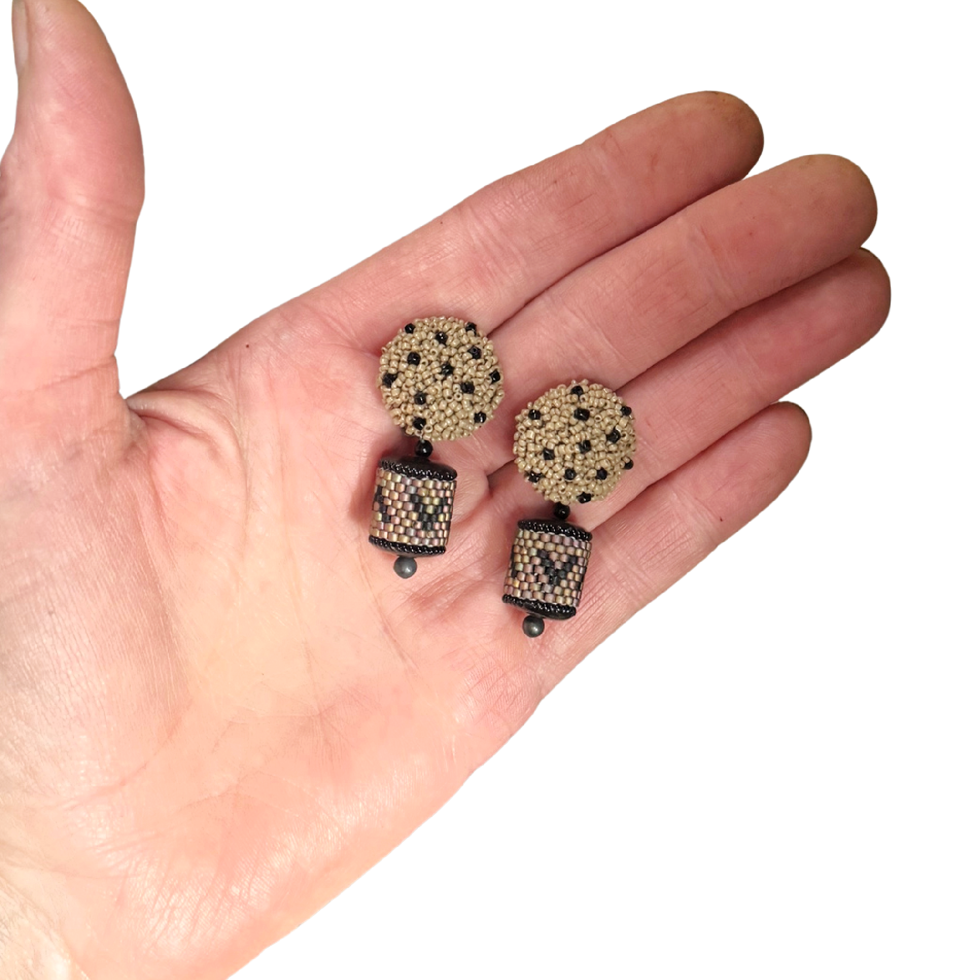 Vintage Taupe Button Earrings with Drops Image 2.png