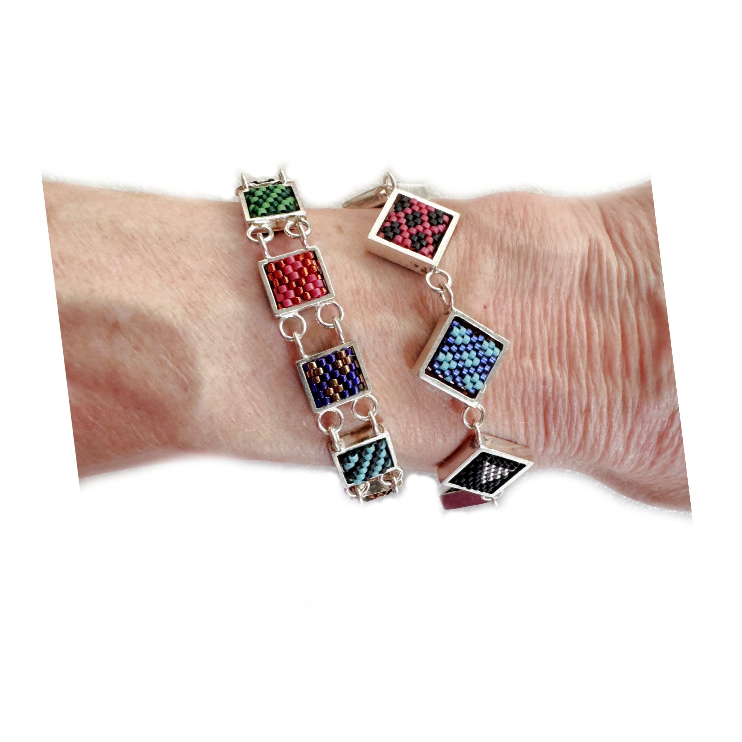 Two Vintage Confetti Series Bracelets Bright Colors on Wrist.png