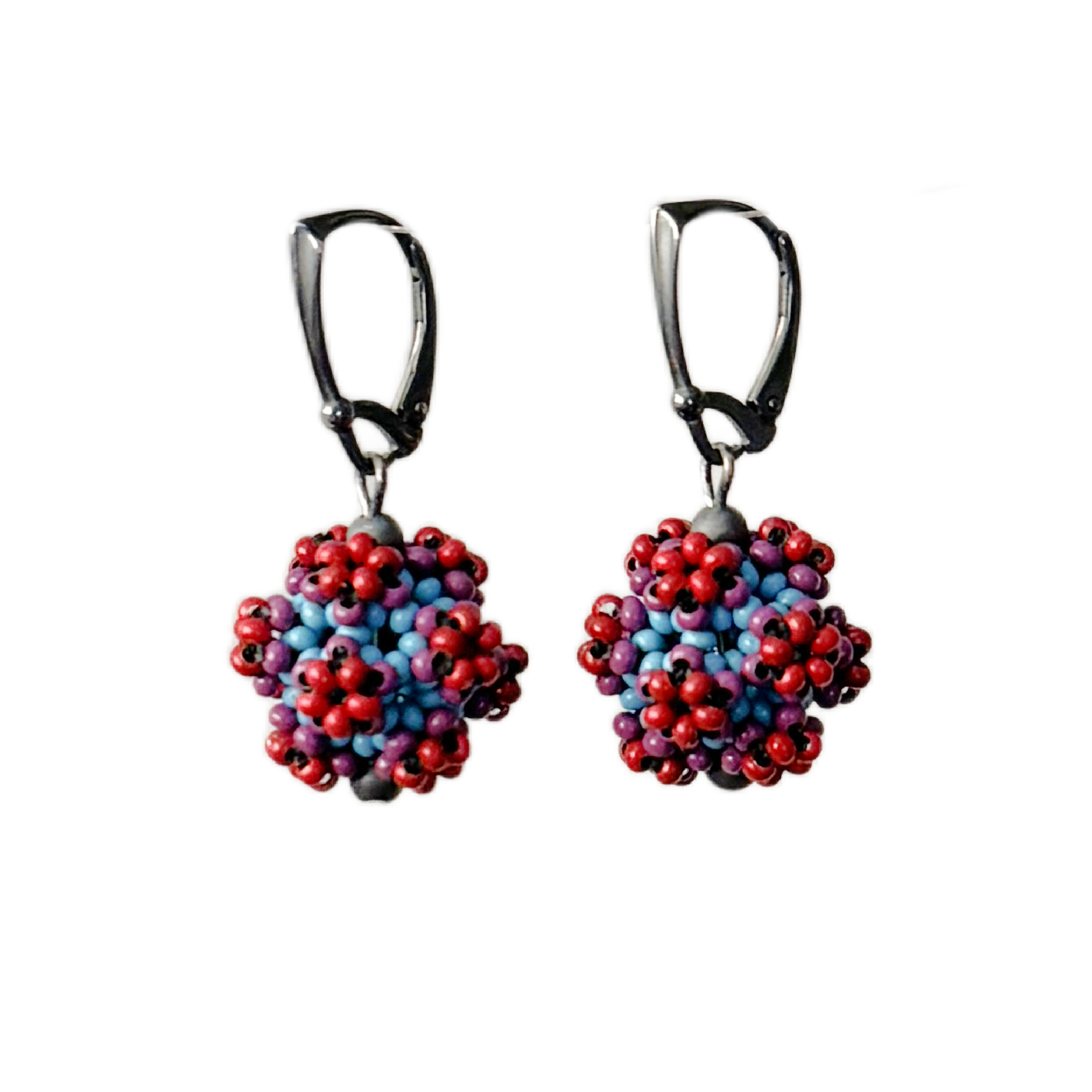 Flower Ball Earrings in Blue, Grape and Cherry Image 1.5.png