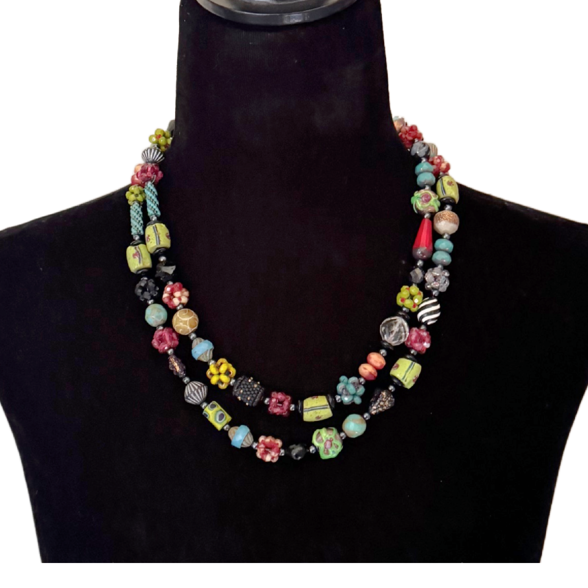 Citron, Turquoise & Fuschia Bead Necklaces - 38" and 41"
