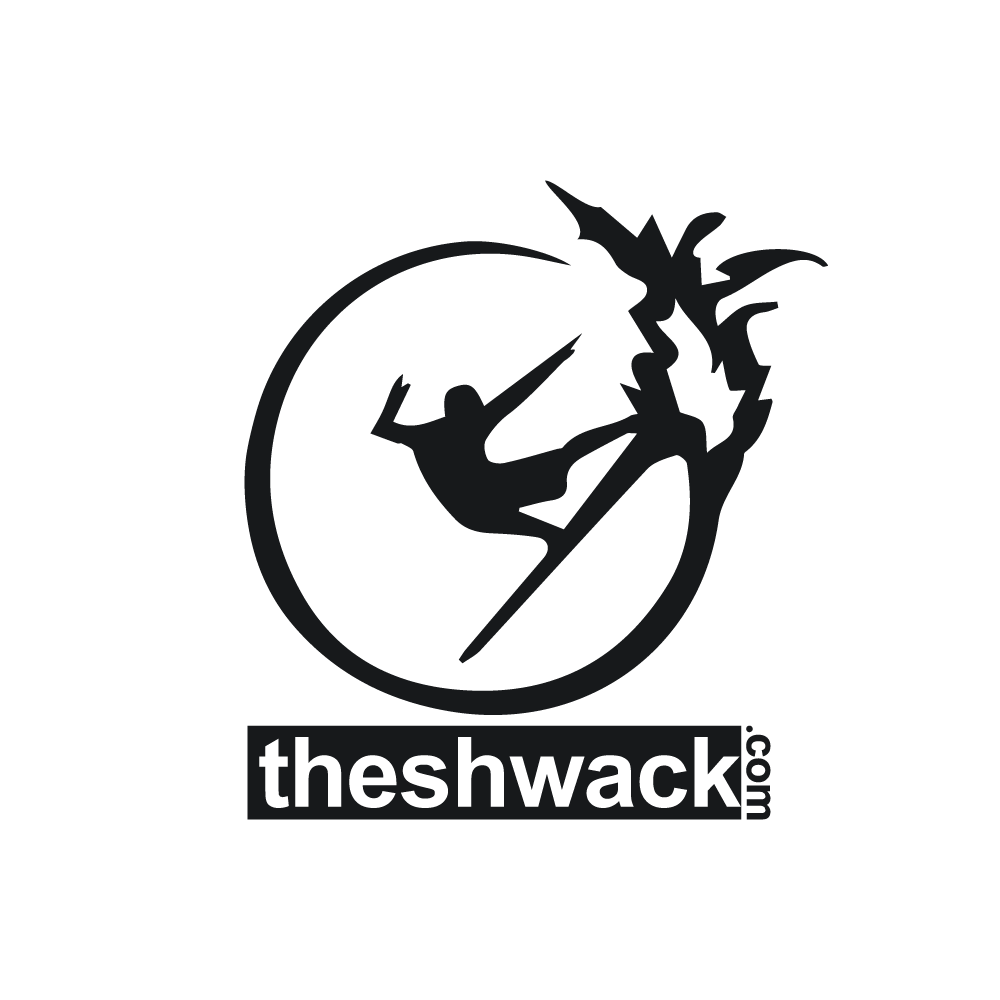 Silhouette of skier jumping through a circle with stylized tree and text "theshwack.com" below.