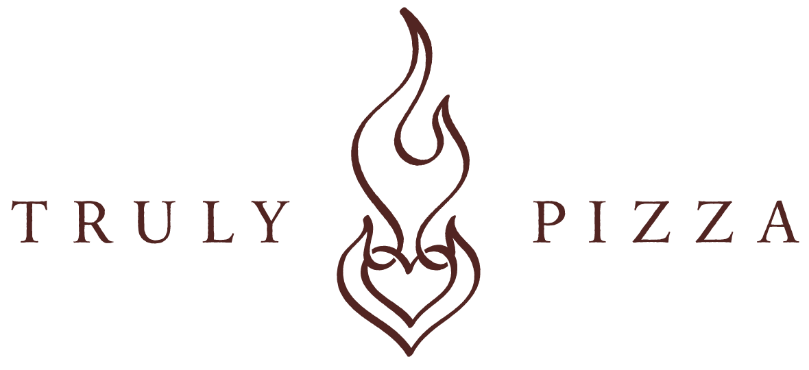Logo of Truly Pizza with stylized fire and text.