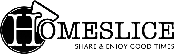 Logo of Homeslice with a stylized pizza slice and the text 'SHARE & ENJOY GOOD TIMES.'