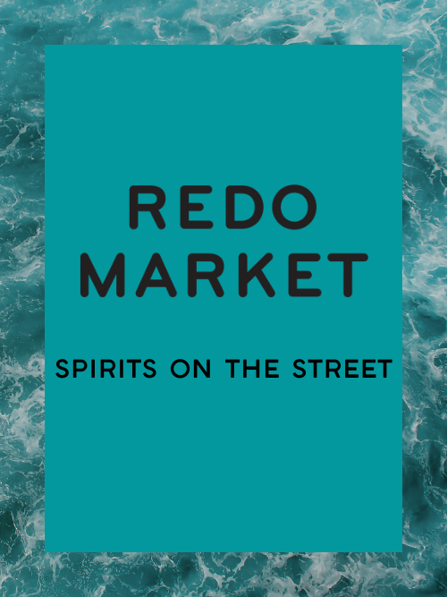 Text on a blue-green background reads 'Redo Market: Spirits on the Street.' The background features a pattern resembling ocean waves.