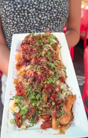Empanada Mama loaded fries topped with shredded meat, crema, herbs, and scallions.