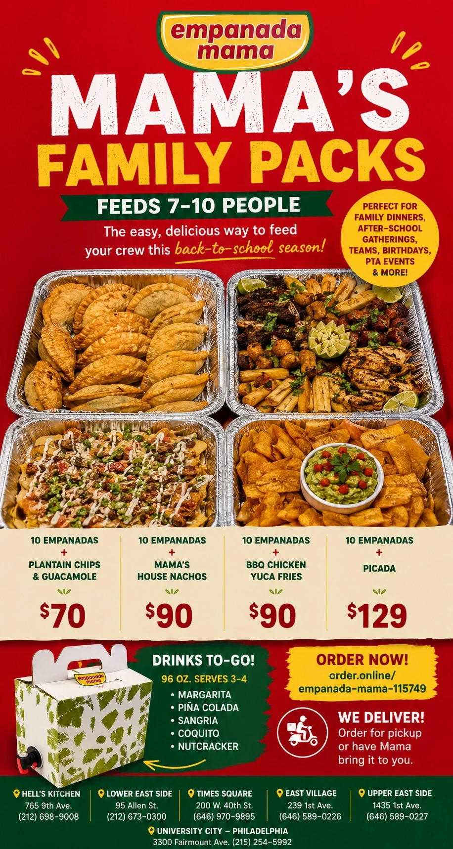 Empanada Mama family packs with empanadas, plantain chips, nachos, and fries.