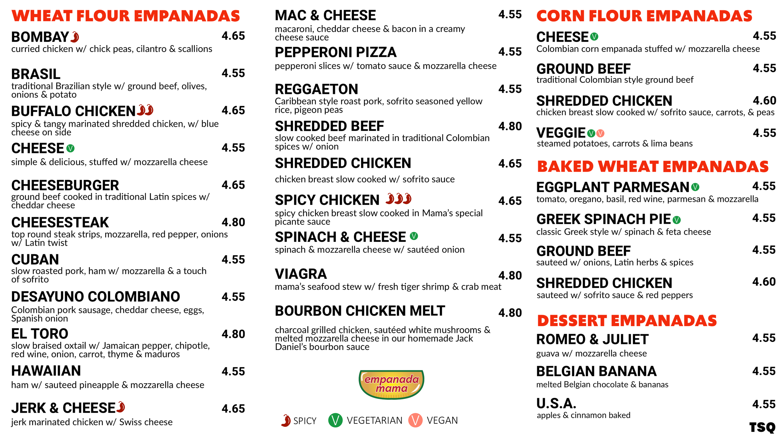 Empanada Mama menu featuring wheat flour, corn flour, baked wheat, and dessert empanadas.