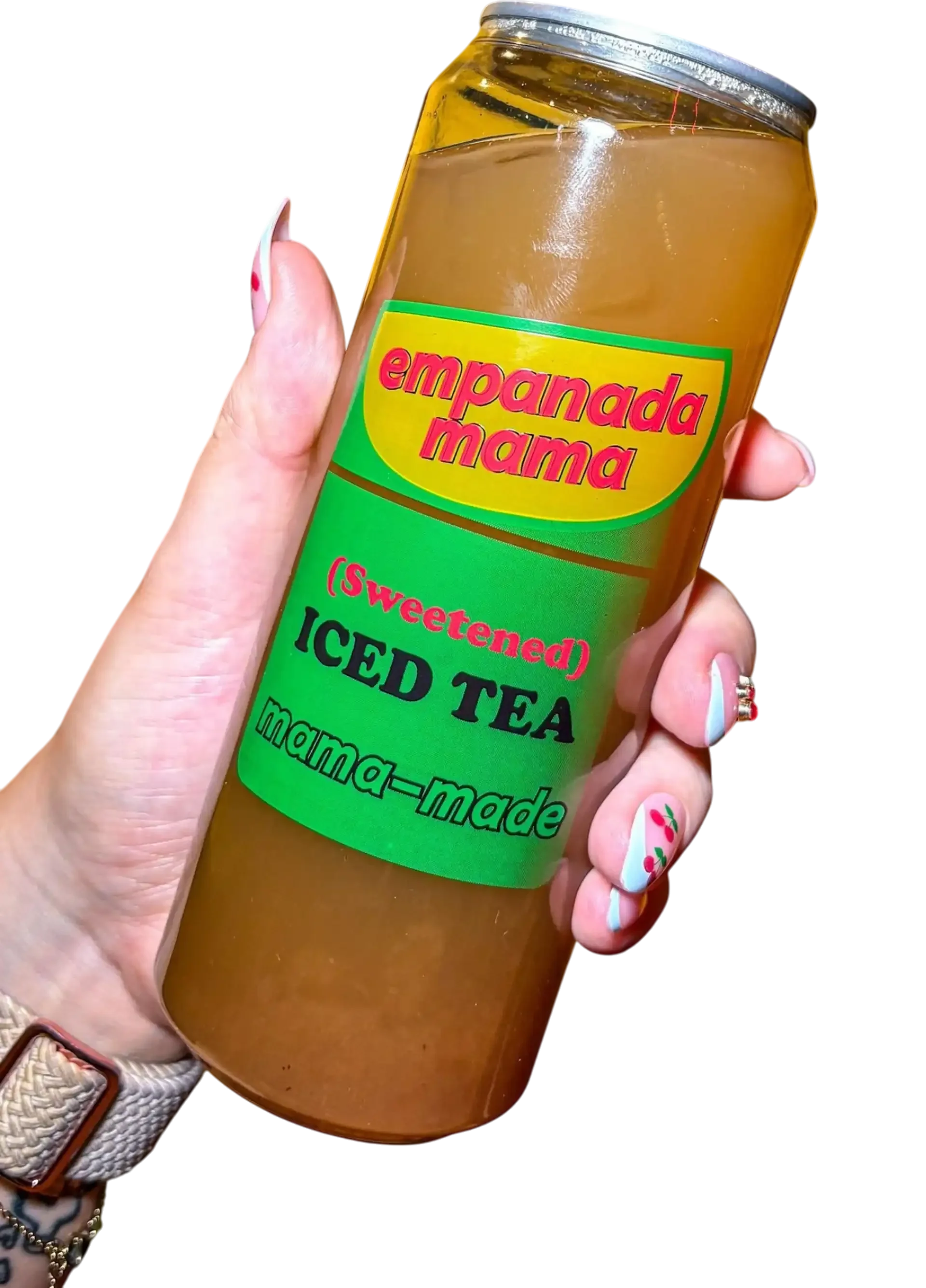 Hand holding Empanada Mama’s sweetened iced tea with a bright green label and chilled amber-colored tea inside.