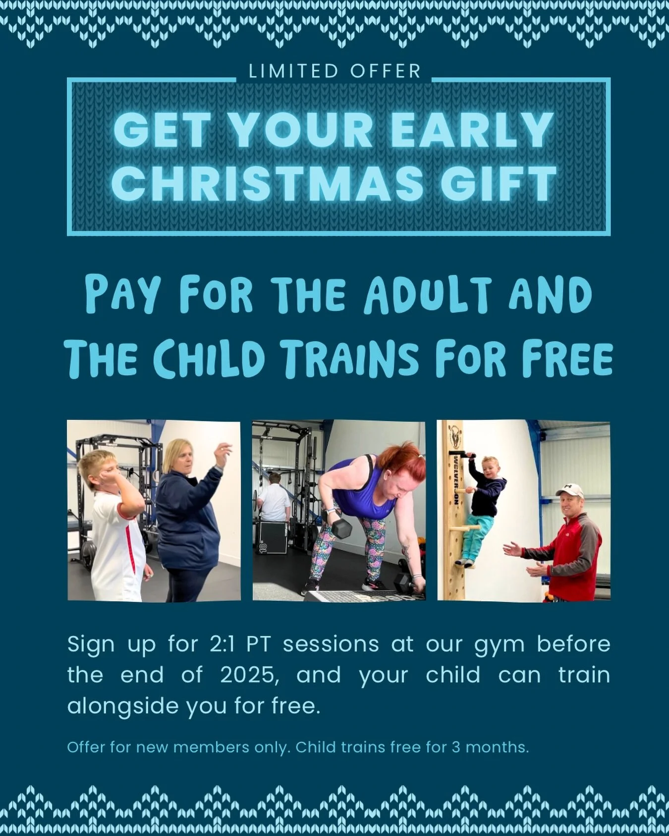 Do you: 

Want to exercise in the gym but don&rsquo;t have childcare?

Want to set a great example of a healthy lifestyle to your children?

Want your child to step away from the screen, move more and have some fun?

Then our 2.1 PT sessions are for 