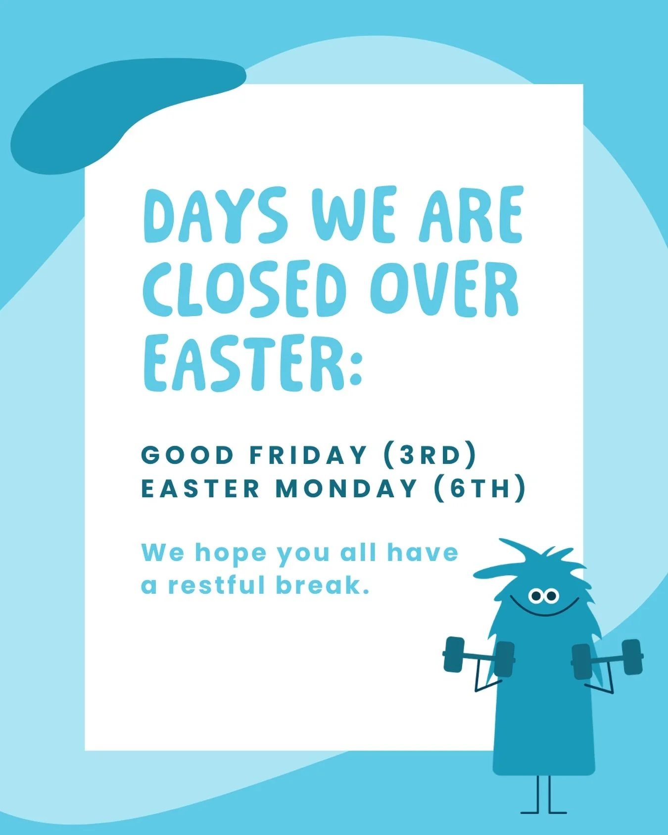 Just letting all our members know we will be closed for the Easter weekend. We hope you all have a restful Easter weekend, whatever you are doing.

🐣🥚🌷☀️🐰