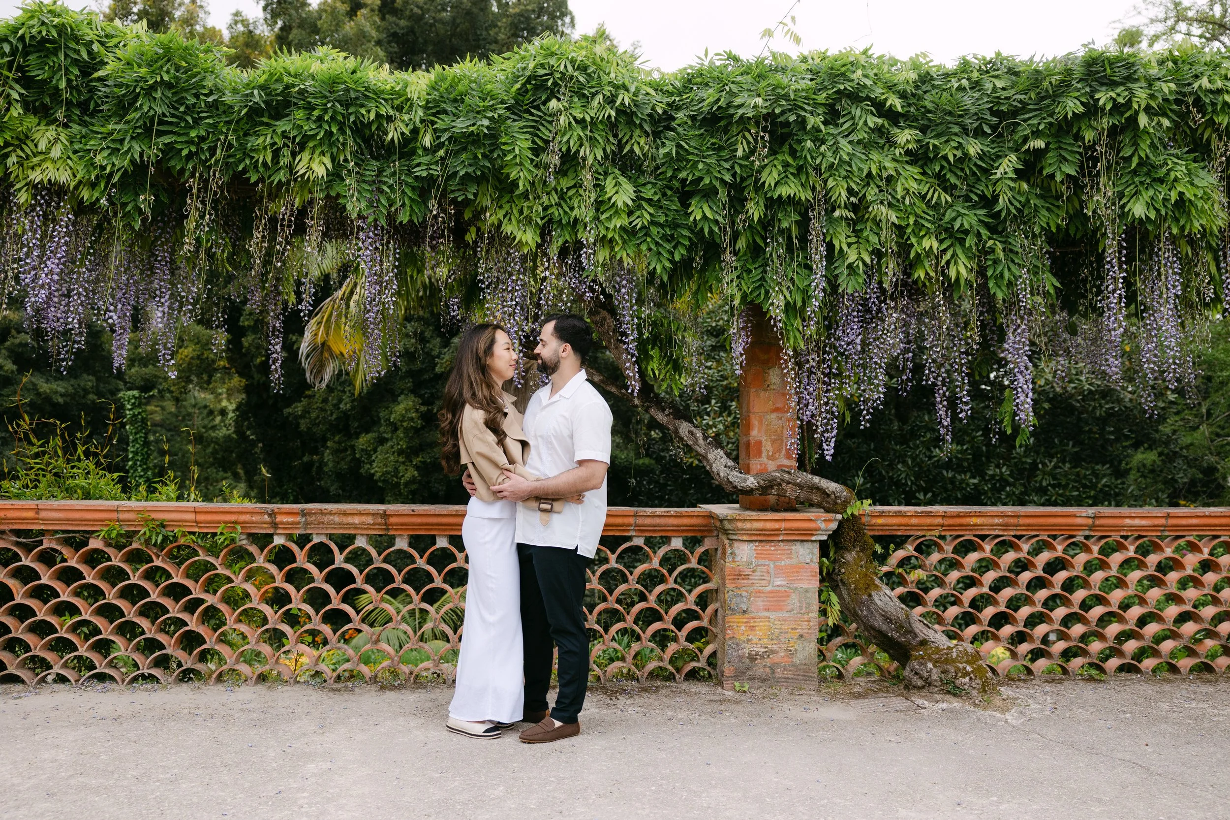 Couple embracing beneath wisteria-covered arches at Monserrate gardens in Sintra, Portugal.