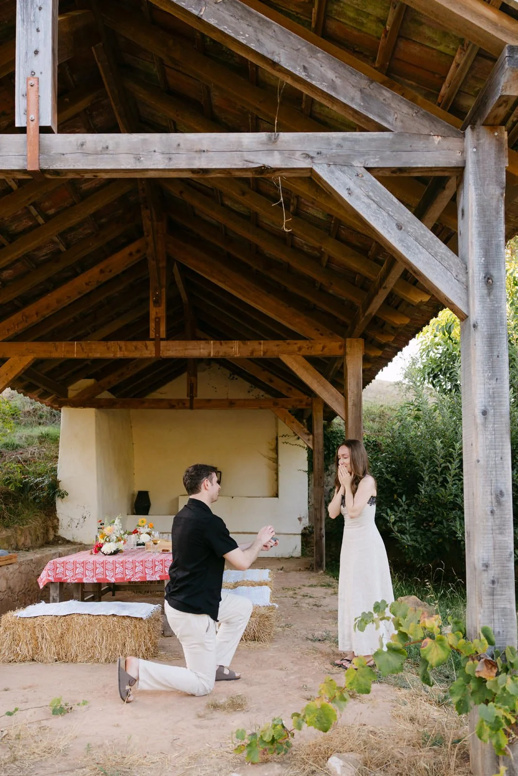 Surprise marriage proposal at Quinta de Sant’Ana in Portugal, with a man down on one knee beside a private countryside picnic.