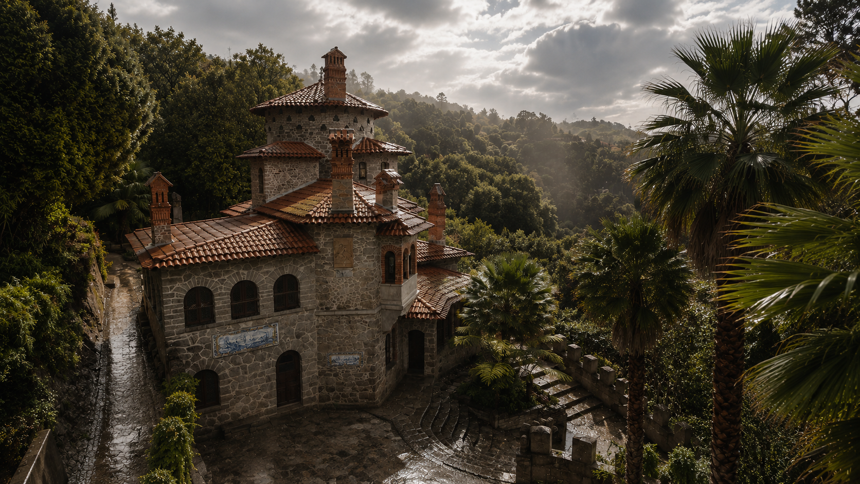 Vila Sassetti in Sintra featuring historic stone architecture, forest surroundings and timeless scenery for romantic engagement photos.