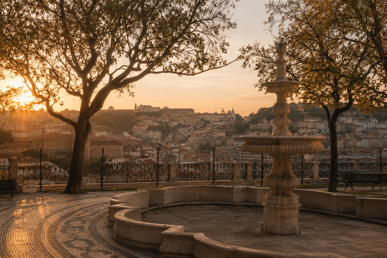 Sunset view over Lisbon from a historic viewpoint near Baixa-Chiado.