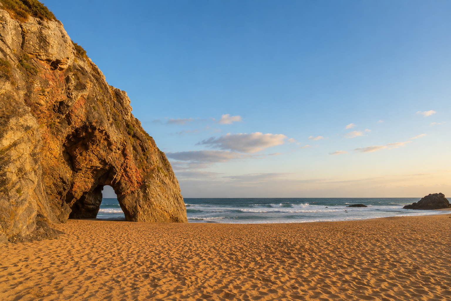 Praia da Adraga in Sintra with its famous sea arch, golden sand and rugged coastline creating a cinematic setting for engagement photos.