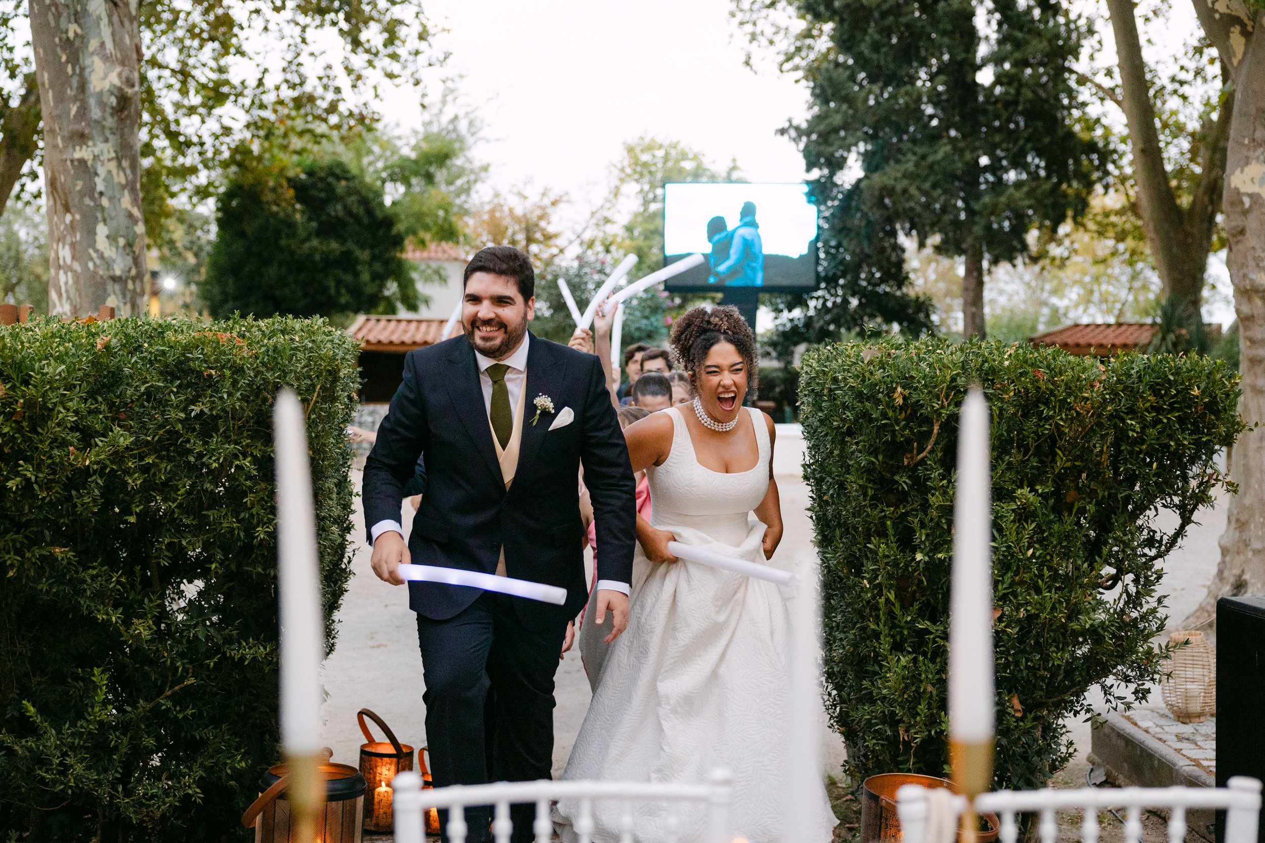 Just married couple walking together after wedding ceremony in Portugal