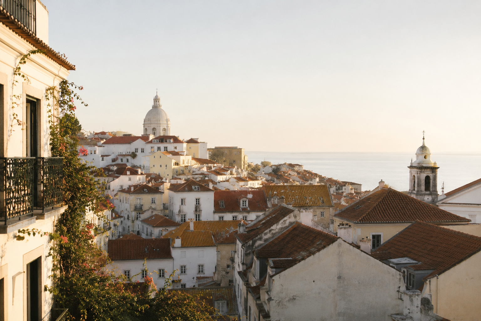 Golden hour view over Alfama rooftops and historic Lisbon architecture in Portugal
