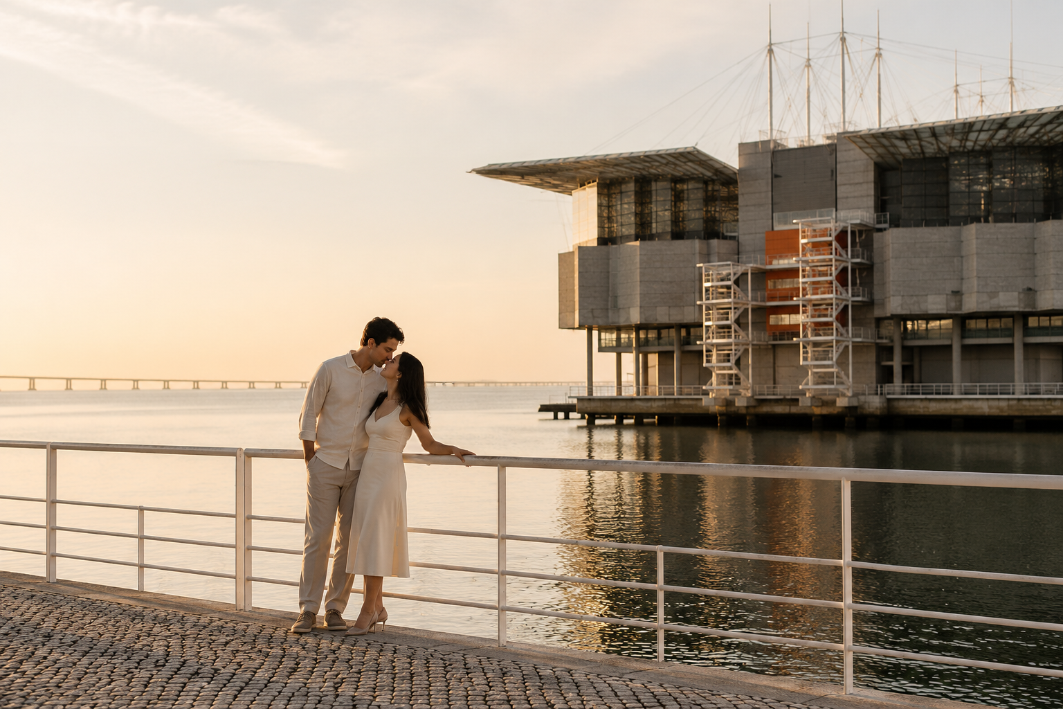 Couple standing beside the waterfront during an engagement session in Parque das Nações, Lisbon.