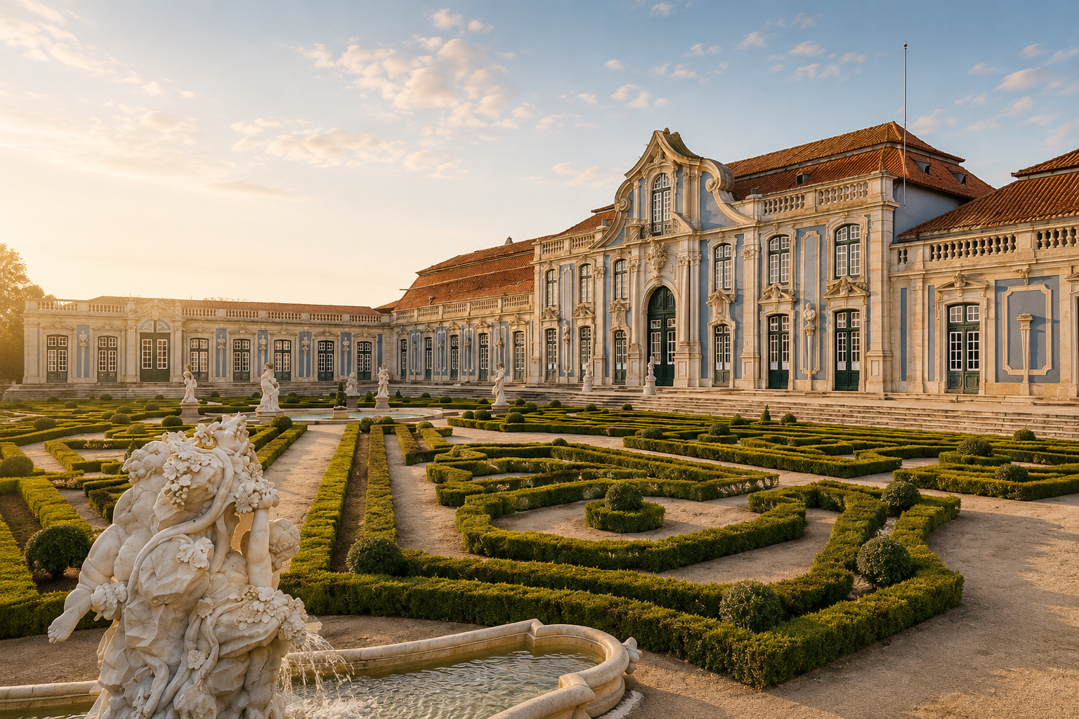 Palácio Nacional de Queluz near Lisbon, Portugal, featuring its historic baroque façade, formal gardens and elegant architecture, a beautiful location for engagement and couple photography sessions.