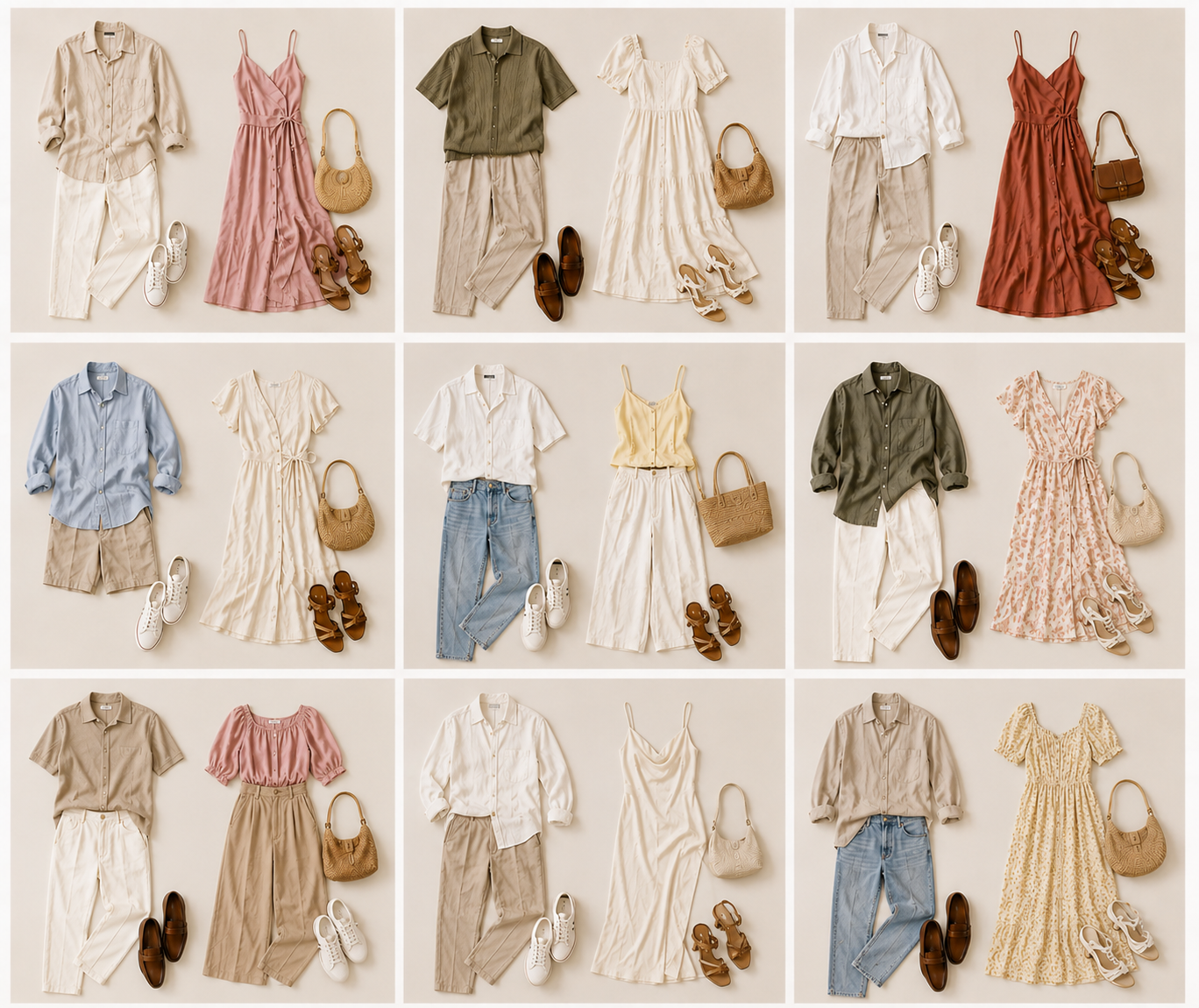 Outfit inspiration for engagement photos in Sintra featuring coordinated looks for couples, including neutral colours, flowing dresses, linen pieces and timeless styling.