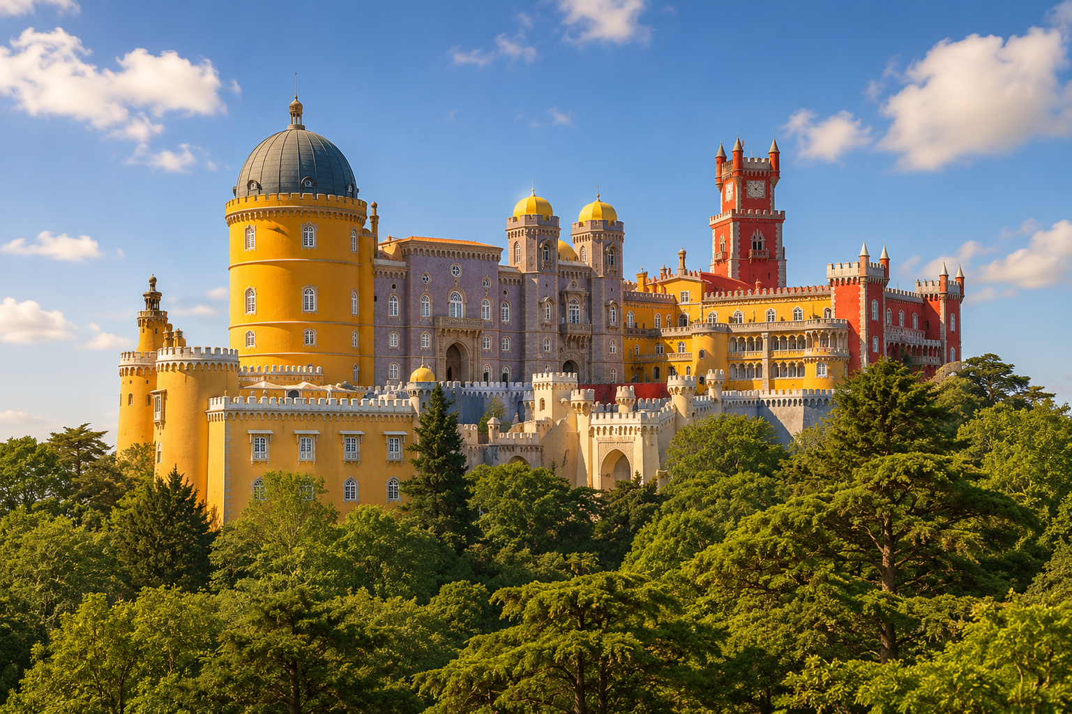 Pena Palace rising above the Sintra hills, one of Portugal's most iconic landmarks for colourful and unforgettable engagement photography.