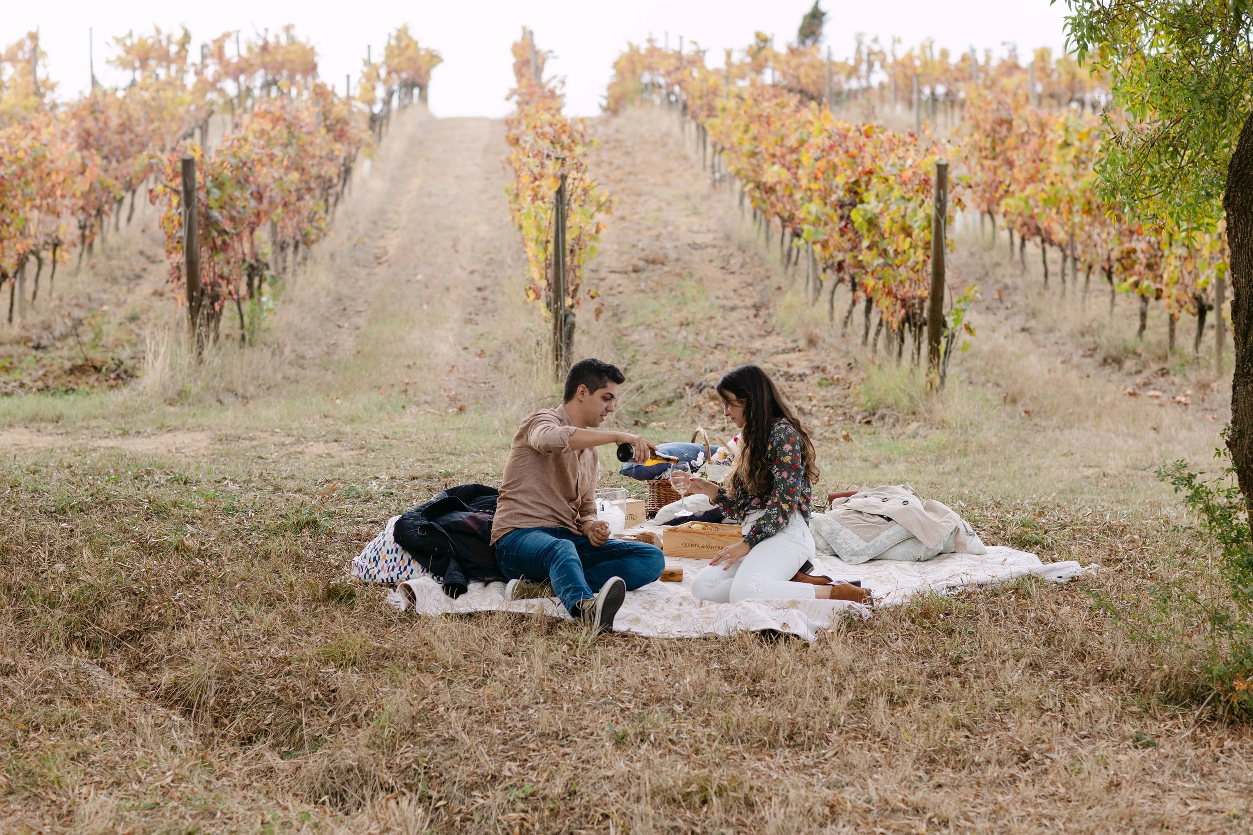 couple sitting together during romantic vineyard proposal picnic in Portugal