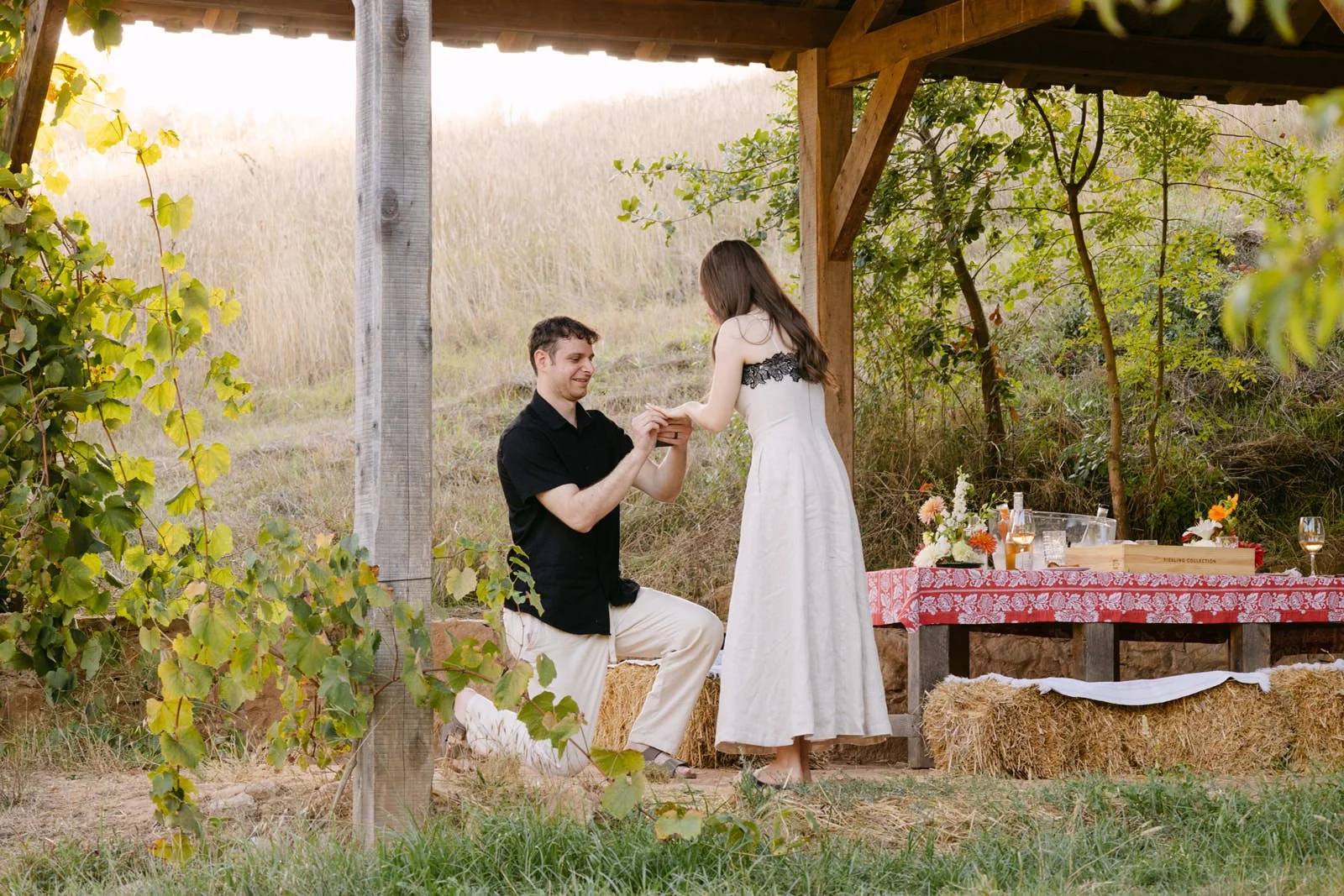 Couple sharing the first moments of their engagement beneath a rustic wooden shelter surrounded by the Portuguese countryside.