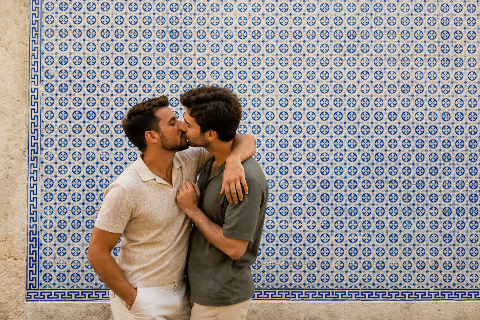 Couple photographed in front of a traditional blue azulejo wall during a Lisbon engagement session.
